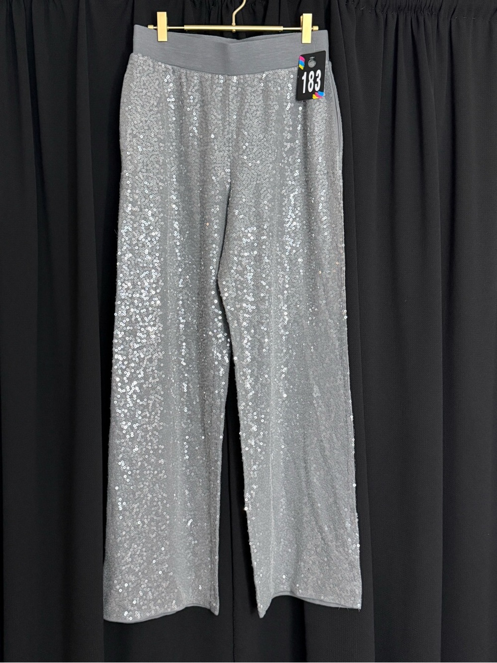 Silver Sequin Wide-Leg Pants with Elastic Waist